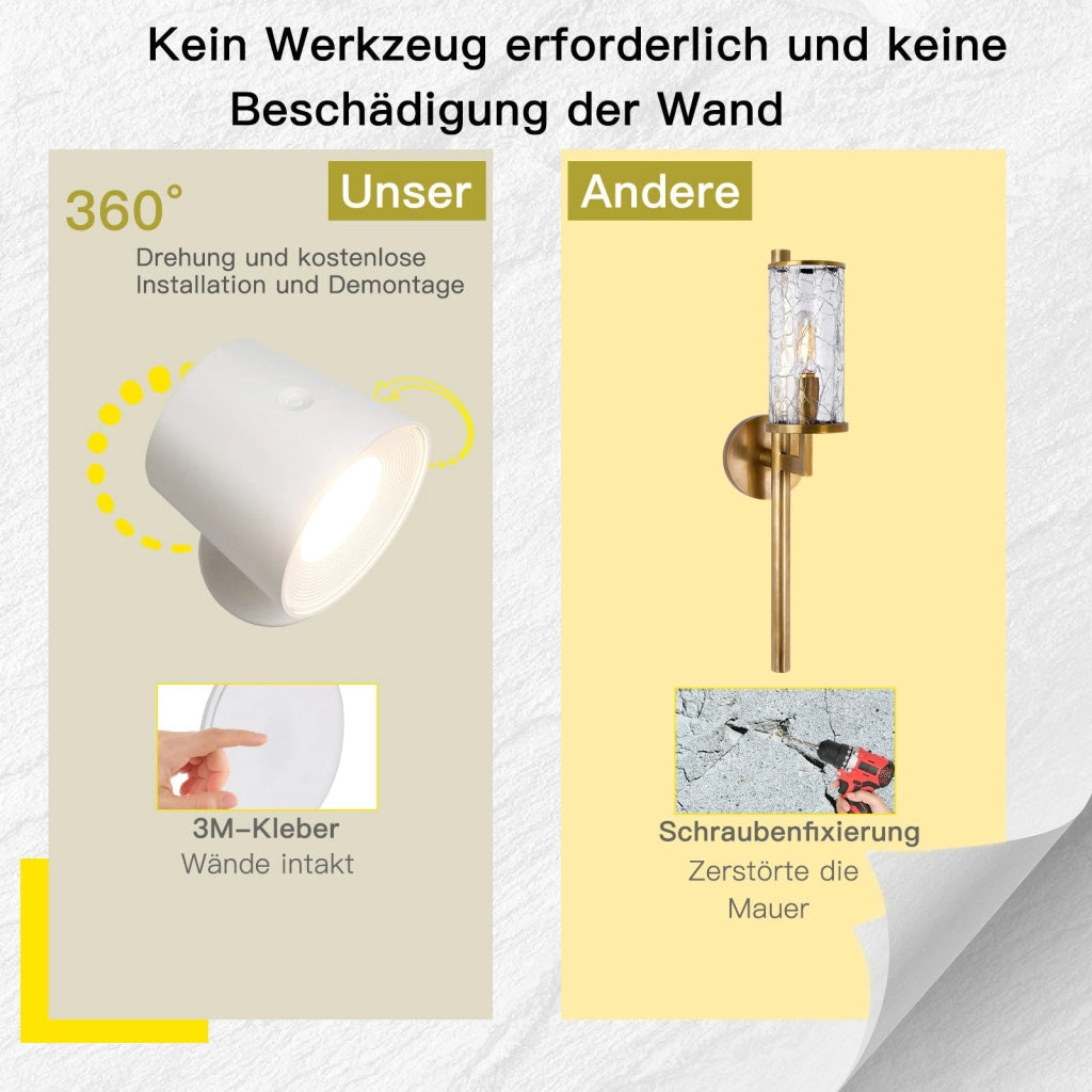 ZMH Lampada da Parete LED 2 Pezzi con Batteria Orientabile Controllo Touch 3 Livelli di Luminosità Bianco per Soggiorno