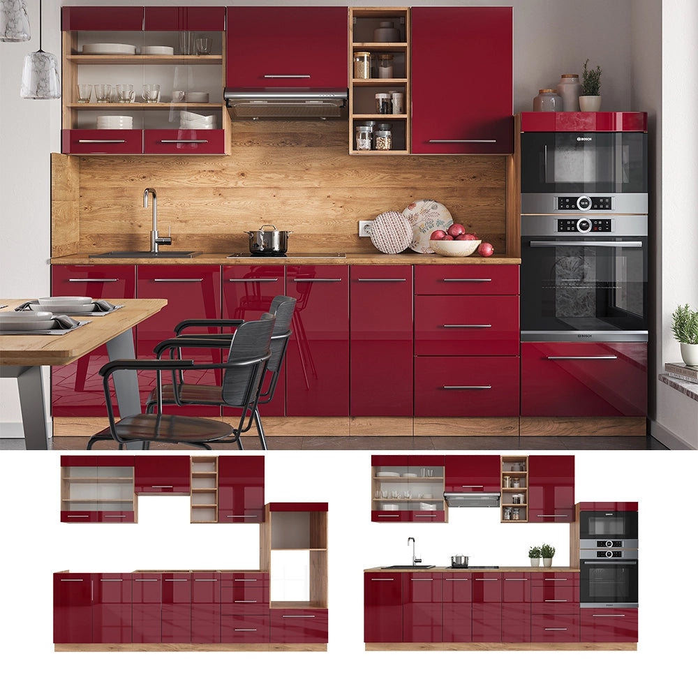 Cucina componibile Fame-Line Bordeaux lucido/Rovere dorato 280 cm, PL Antracite Vicco