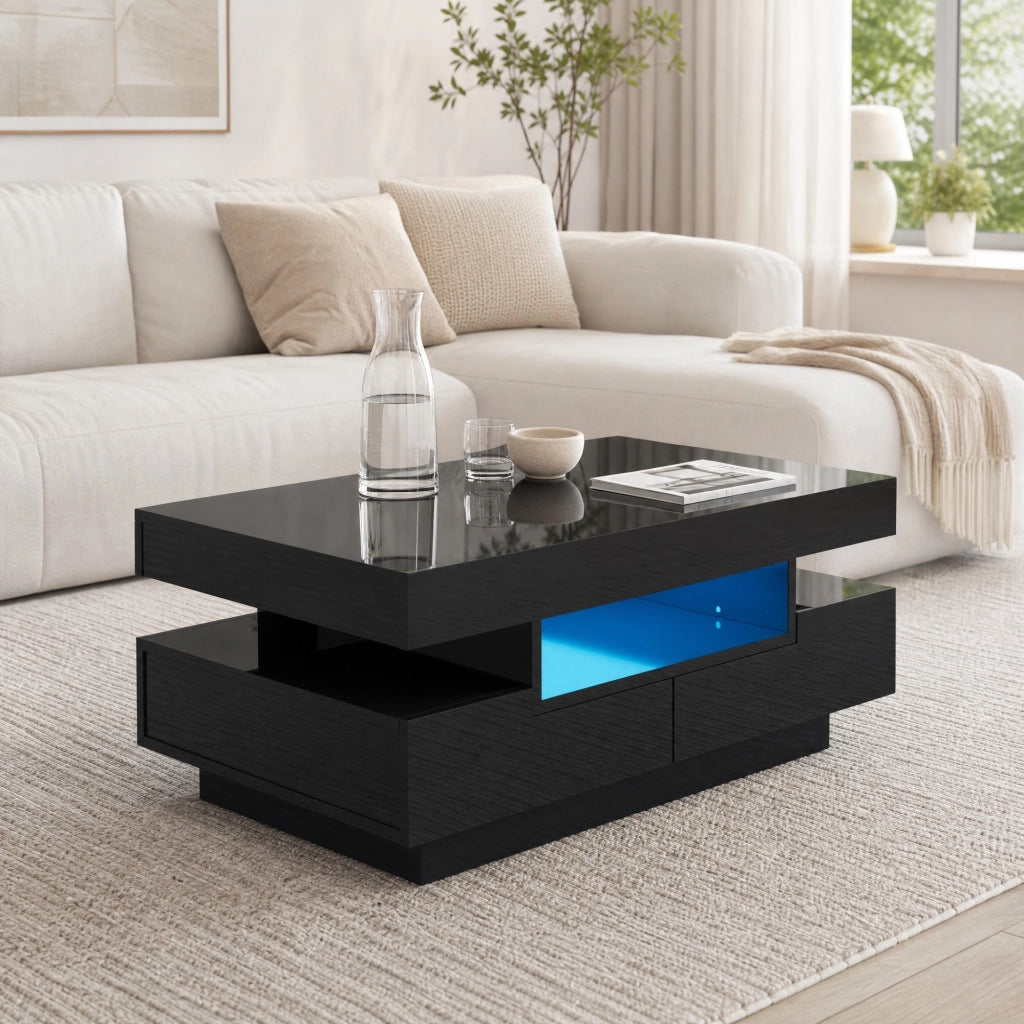 TAVOLINO DA CAFFÈ 80x50x36 cm Nero Lucido con LED e 4 Cassetti