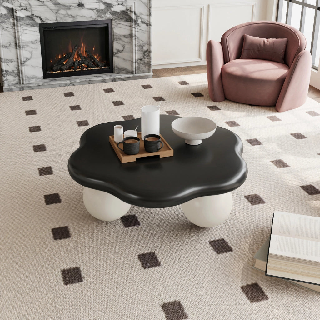Tavolino basso a forma di nuvola con 1 piano, per soggiorno, in MDF e plastica, nero e bianco, Ø80 × 35 cm