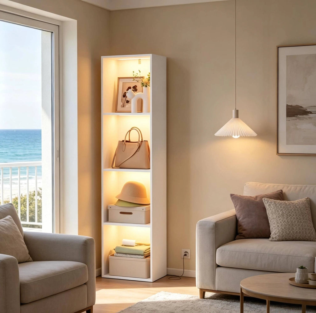 Libreria verticale 40x29x170 cm bianca in truciolare E1, 4 vani con LED RGB