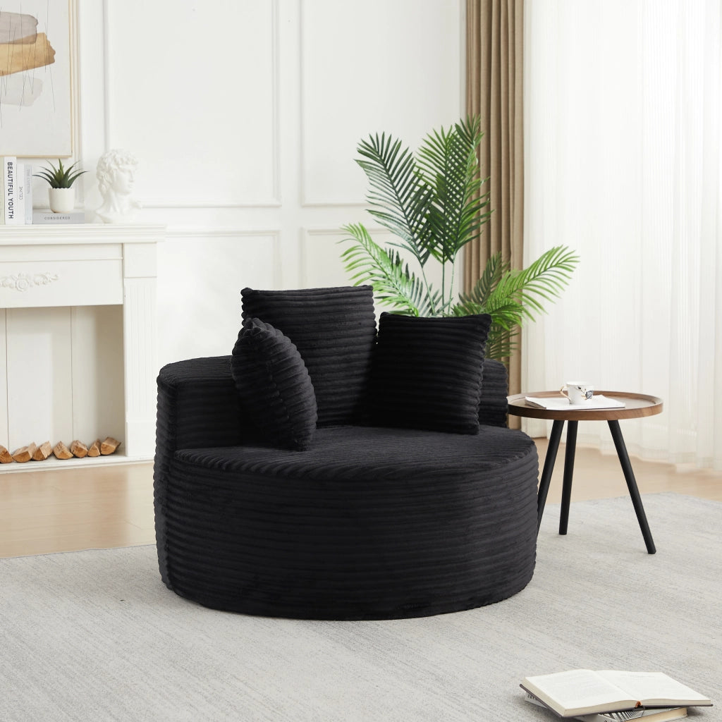 Fauteuil lounge rotondo con braccioli larghi e 3 cuscini, in velluto a coste e schiuma con molle nero 110 cm