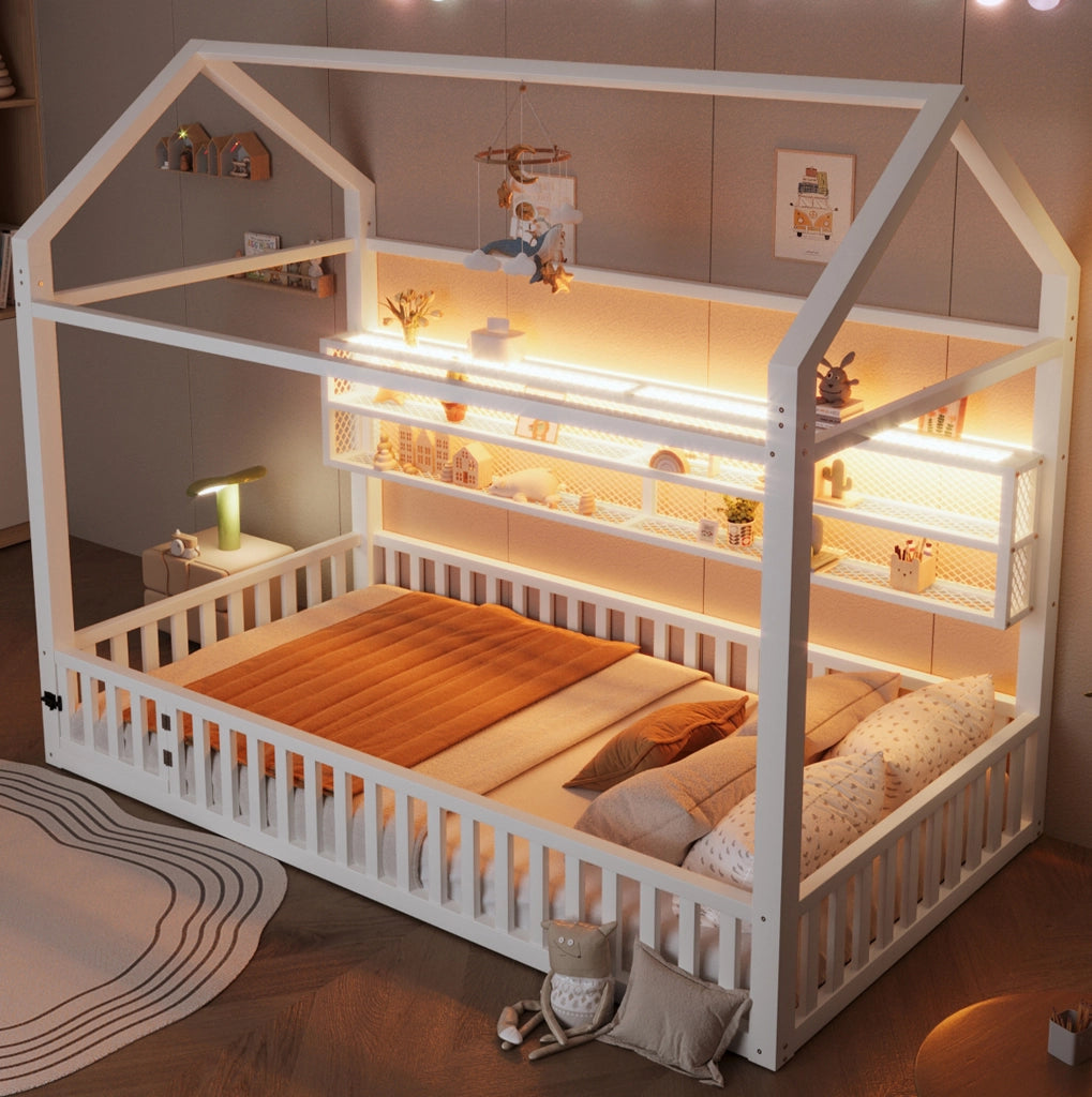 Letto per bambini a forma di casa 90x200 cm con recinto di sicurezza e LED; metallo bianco