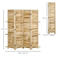 Paravento Divisorio per Interni Pieghevole a 4 Ante con Ripiani in Legno di Paulonia, 162x170 cm, Legno