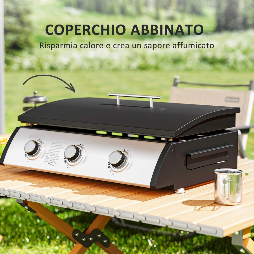 Piastra a Gas con 3 Bruciatori Potenza 7,5kW con Coperchio in Acciaio Smaltato Nero
