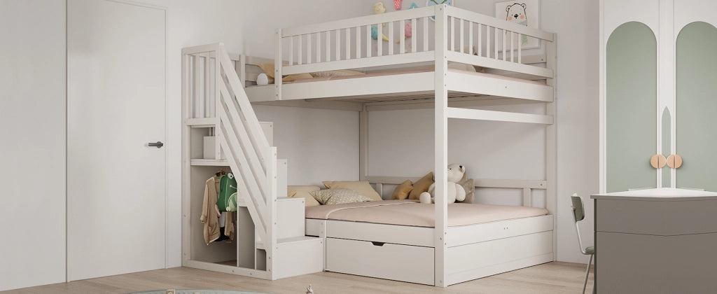 DESMIU Letto a Castello 2 Posti con Scala Contenitore, Cassetto e Sponde Alte, 140 × 200 cm, Senza Materasso