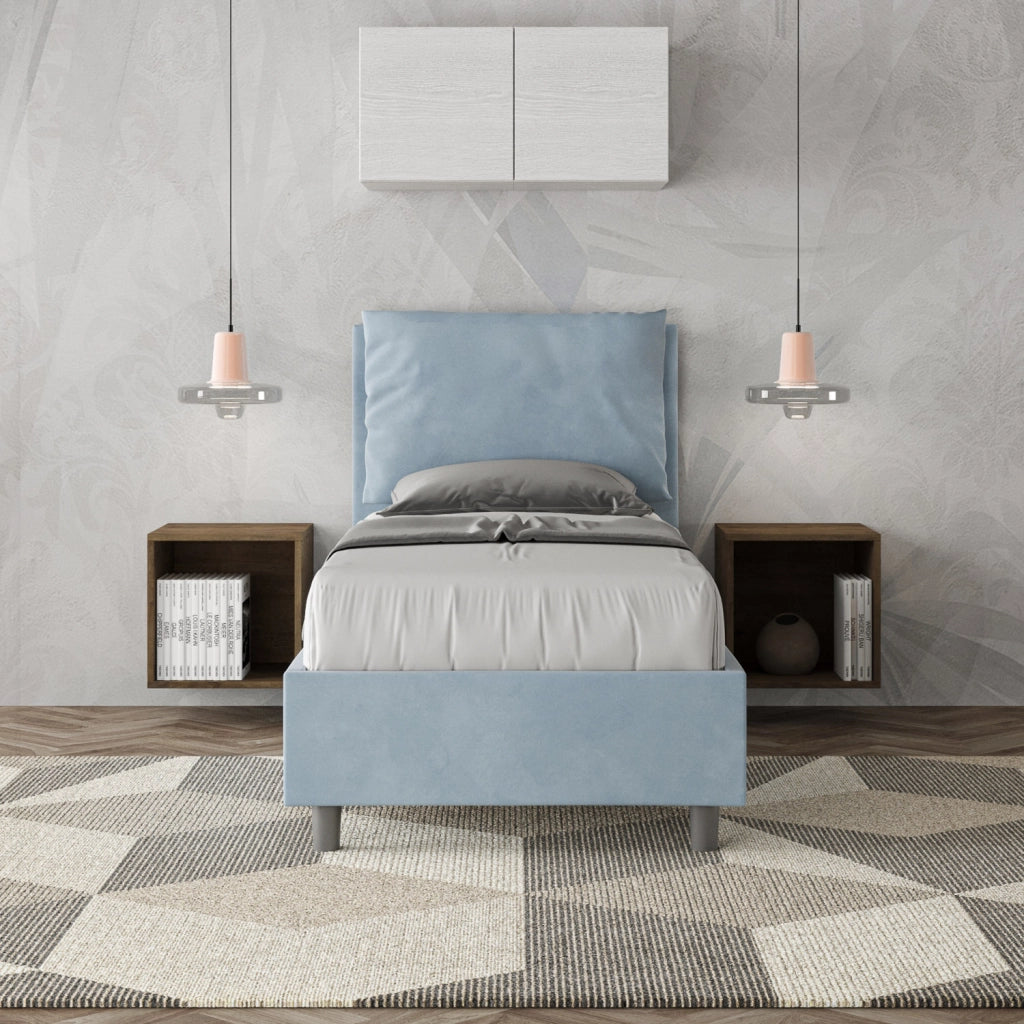 BS COM Letto singolo con rete imbottito 80x190 microfibra azzurro