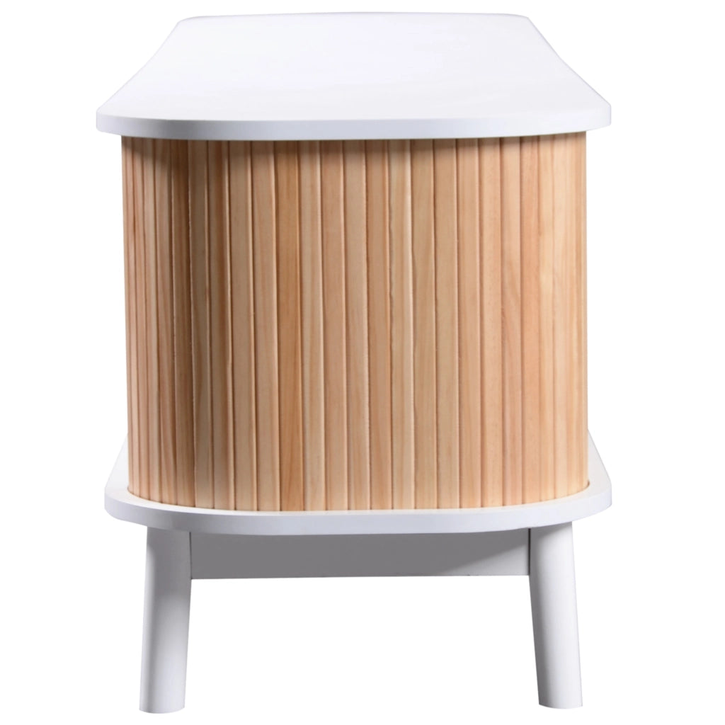 Mobile TV in MDF con ante e cassetti in rattan; 170 x 39;5 x 46 cm; bianco