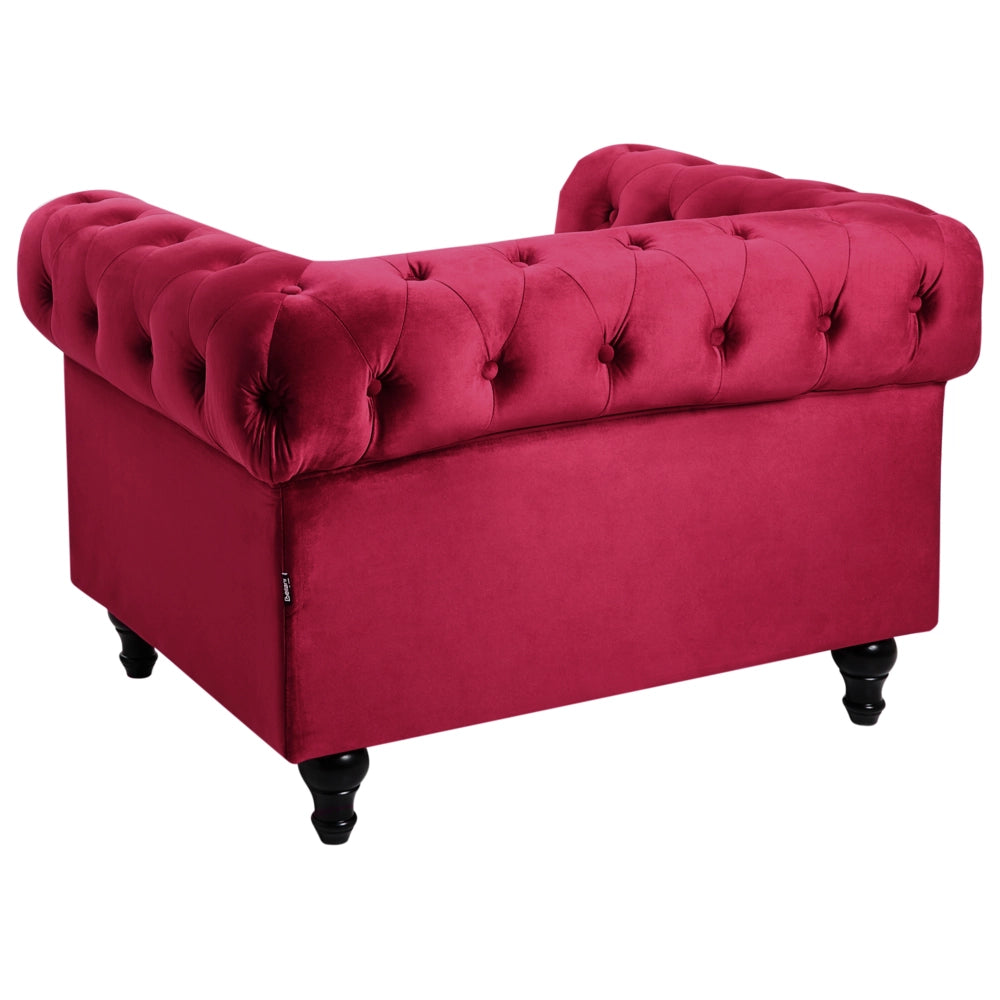 Poltrona Chesterfield Tessuto Velluto Rosso Scuro Rivestimento Gambe Legno Scuro Contemporaneo