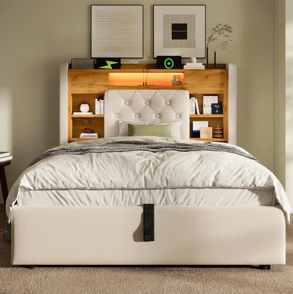Letto 90x200 cm con contenitore; LED e testiera con ripiani in lino beige