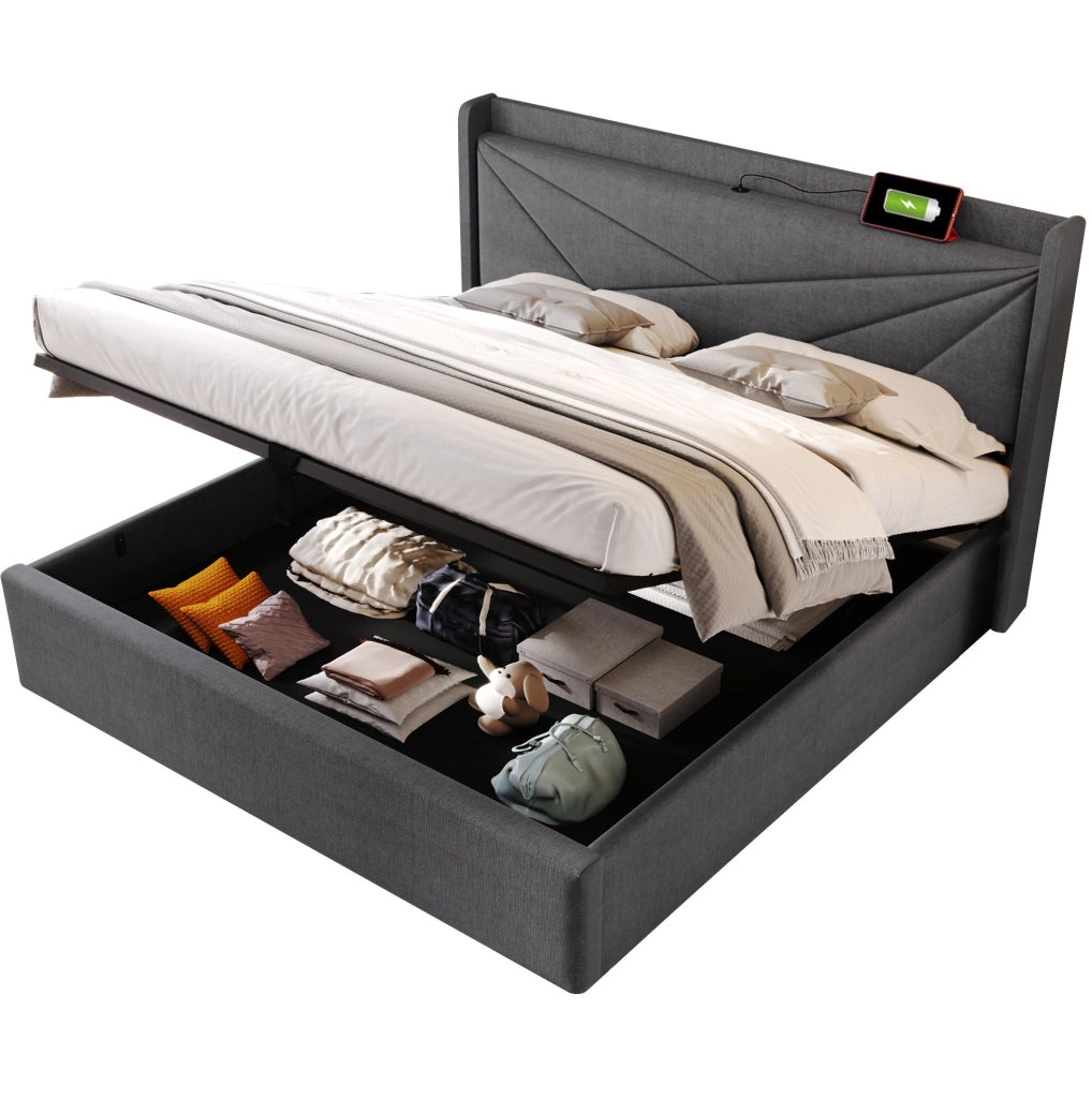 Letto matrimoniale imbottito 140x200 cm grigio con contenitore; USB e Type-C; struttura in metallo e cotone lino