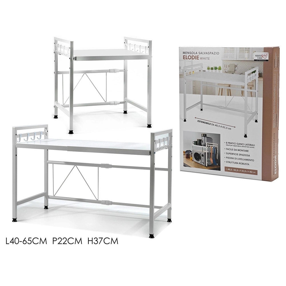 Trade Shop - Mensola Allungaile Da 40-65cm Salvaspazio Con 8 Ganci Per Appendere Utensili Arredo Casa -
