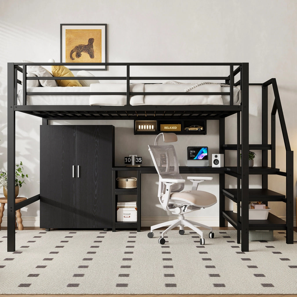 Letto a soppalco 140x200 cm nero con scrivania, armadio, mensole e scala contenitore