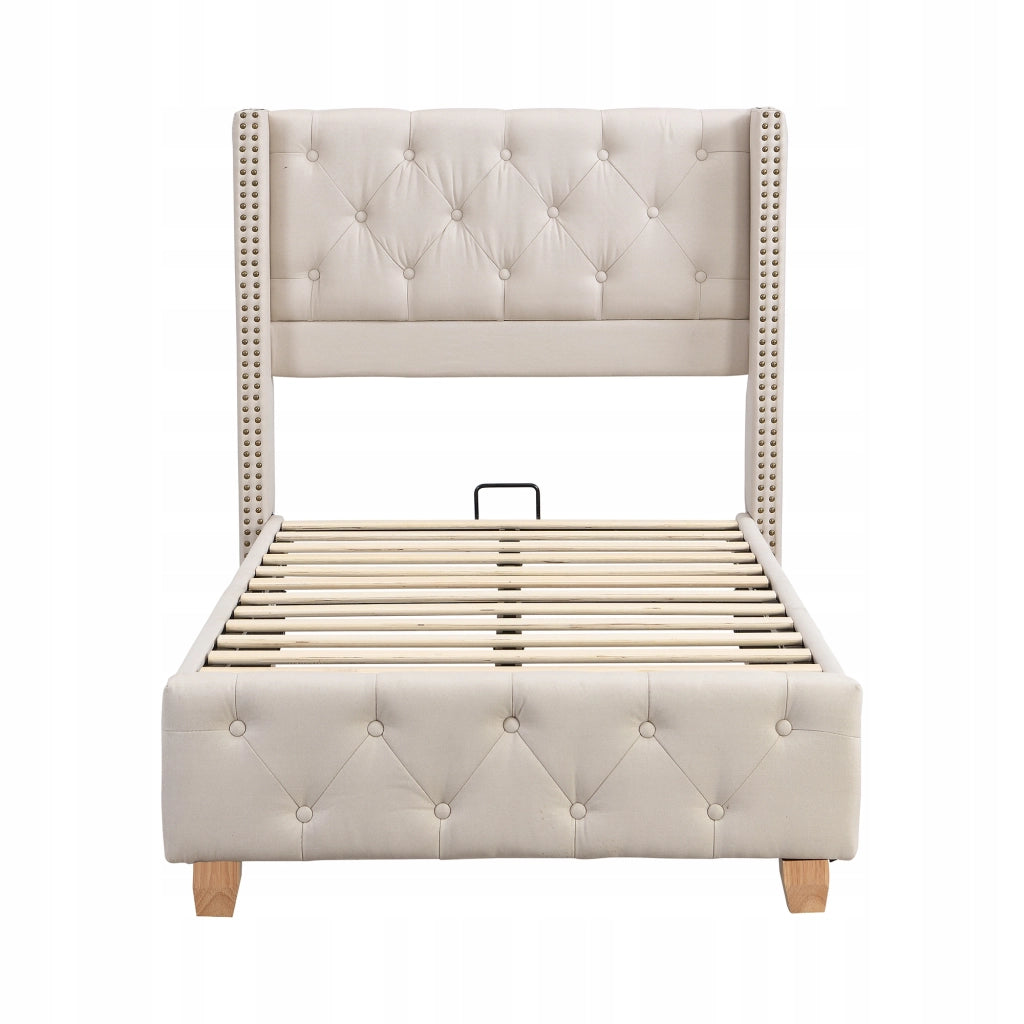 Letto singolo in lino - Xylo - 90x200cm - Beige - Gambe in legno, senza materasso