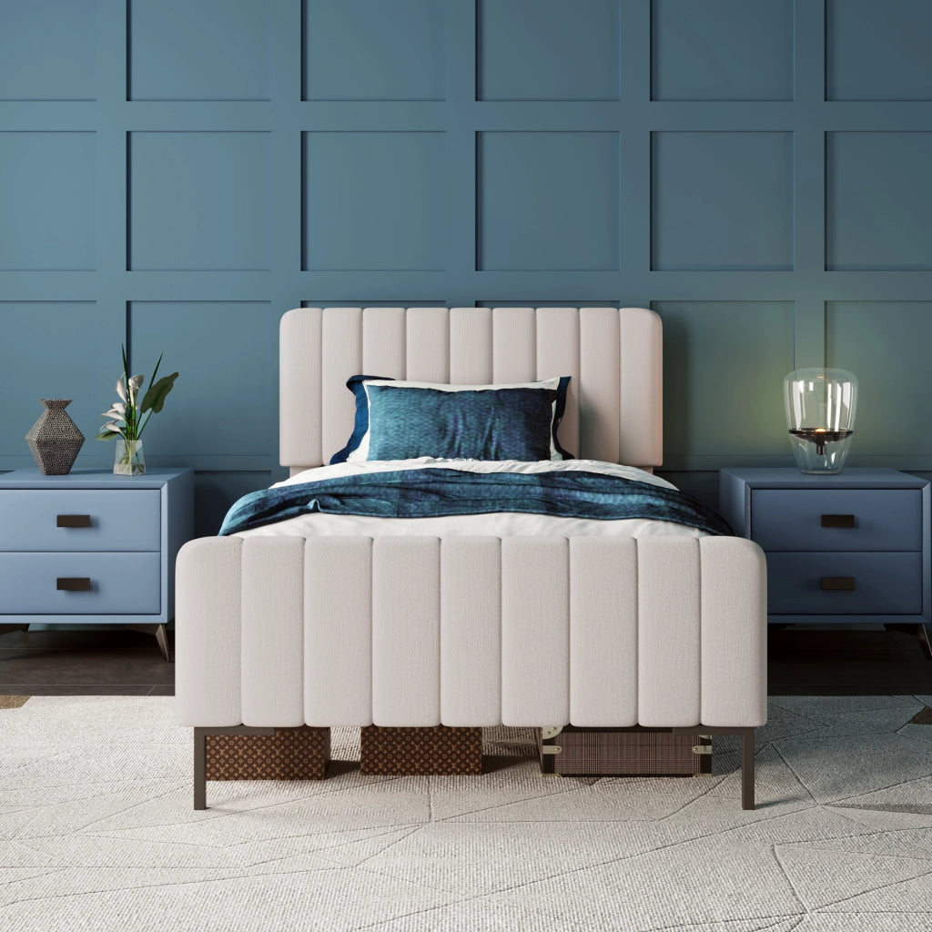 LETTO Singolo 90x200 cm in lino grigio-beige con testiera regolabile e rete a doghe