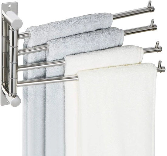 Supporto per asciugamano 180° girevole silenzioso 4-braccio per foratura con viti nascoste, 35 cm supporto per asciugamano in acciaio inossidabile 304 con gancio per valico antiscivolo, finitura cromata
