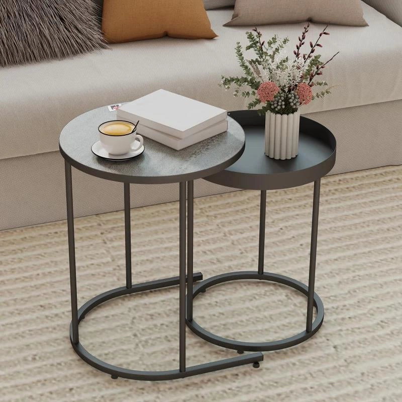 SET 2 TAVOLINI DA SALOTTO IMPILABILI IN STILE INDUSTRIALE, IN LEGNO E METALLO, Ï42X54 CM E Ï36.5X48.5 CM, GRIGIO E NERO