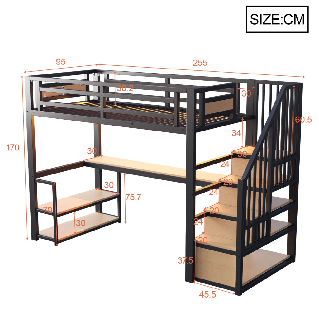Letto a soppalco 90 × 200 cm con scrivania, ripiani, scala contenitore et barriera di sicurezza, senza materasso, in metallo, nero