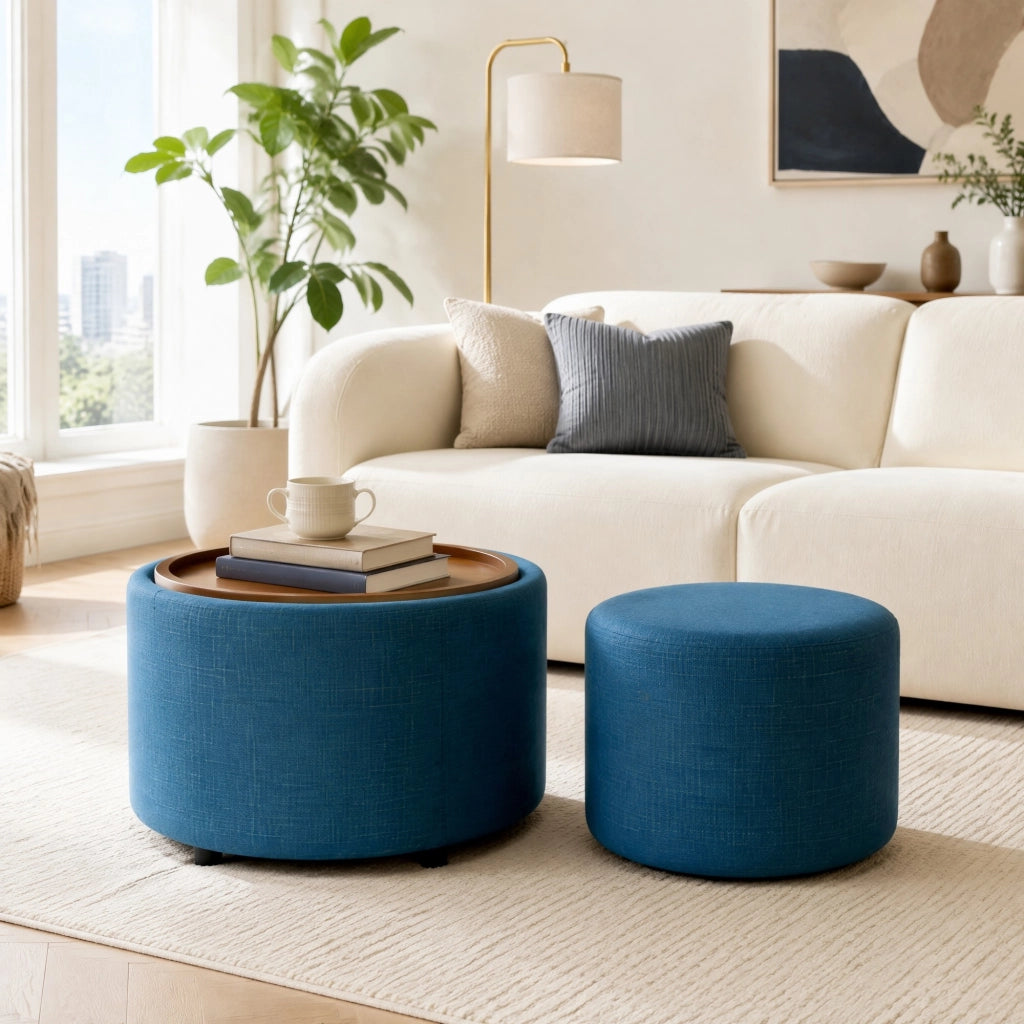 POUF Set da 2 pezzi 58 cm Blu in lino con vassoio in legno