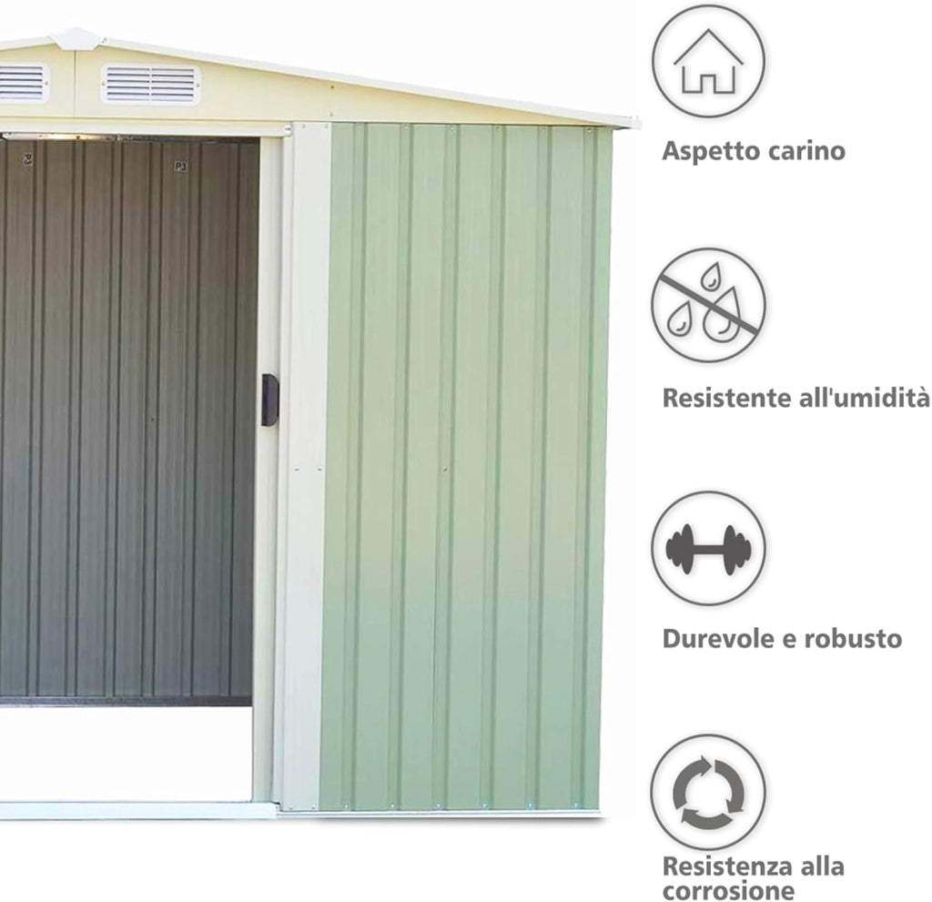 Casetta da Giardino 4,75㎡, Capanno da Esterno in Lamiera Zincata Resistente alle Intemperie con Porta Scorrevole e Tetto a Sella Galvanizzato con Ventilazione, 257 x 205 x 175,5 cm