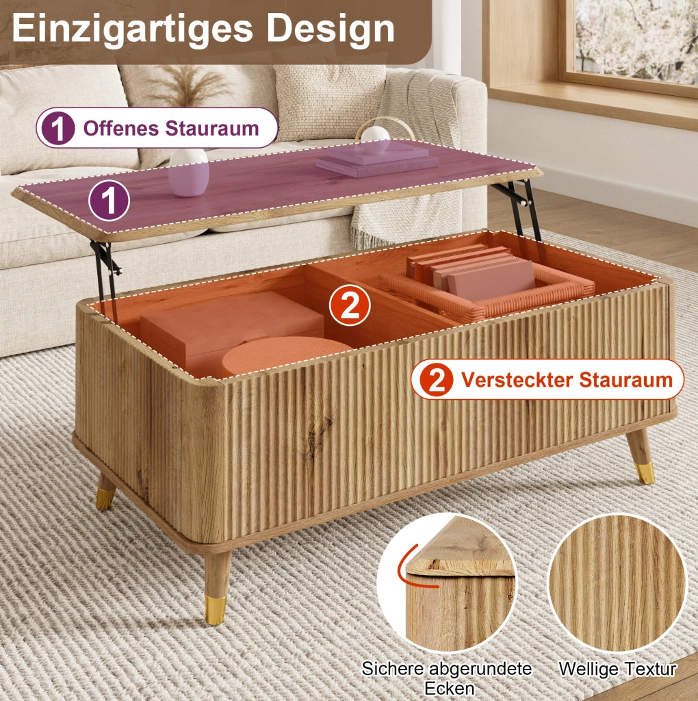 Tavolino da caffè sollevabile con vano contenitore 97x52x56;5 cm MDF e legno naturale