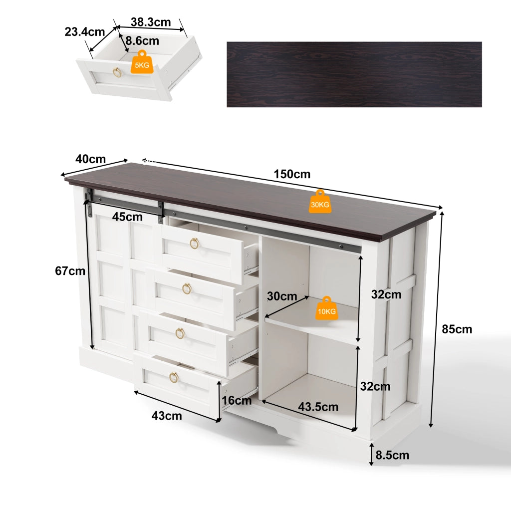 Credenza con 2 ante scorrevoli; 4 cassetti e ripiani regolabili per cucina in MDF bianco 150×40×85 cm