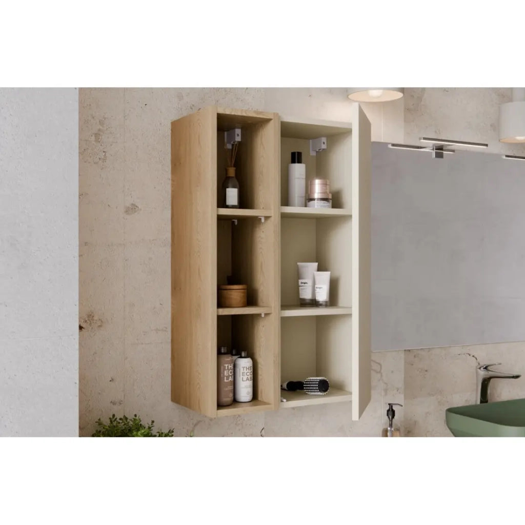 Mobile contenitore OSTER 50cm – mobile sospeso bianco opaco 1 anta e 3 nicchie visibili effetto rovere chiaro