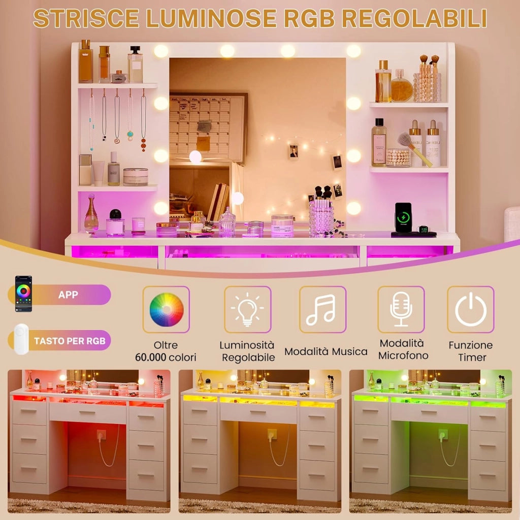 Toeletta Trucco con Luci, Led Regolabili, 3 Colori Regolabili, Toletta con Grande Specchio,Presa,Bianco,Piano in Vetro+RGB,7 Cassetti,4 Ripiani, 5 Ganci per Gioielli per la Camera da Letto