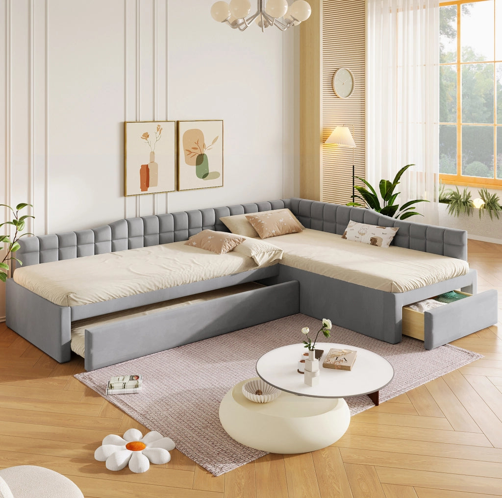 Letto angolare imbottito 90x200 con letto estraibile e cassetti