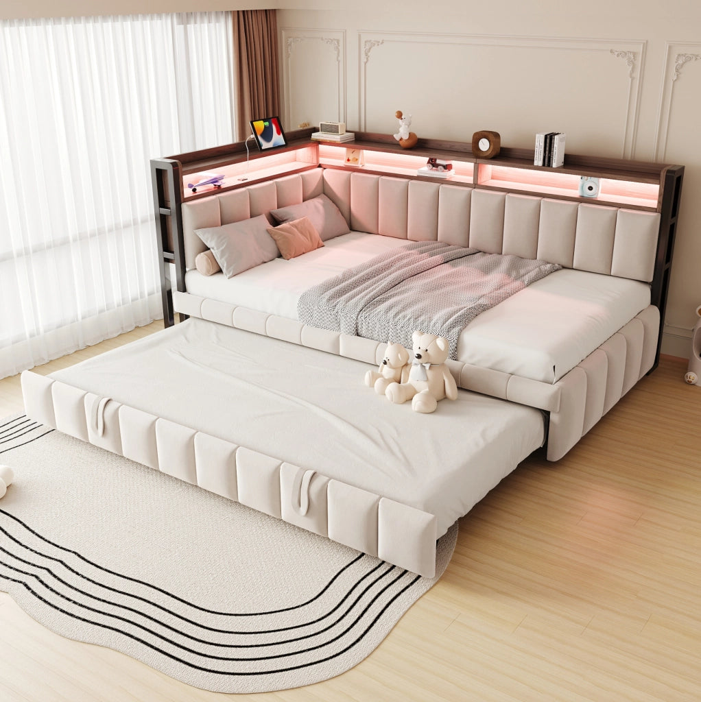 Divano letto multifunzionale 90x200 cm in velluto beige con letto estraibile; LED e USB