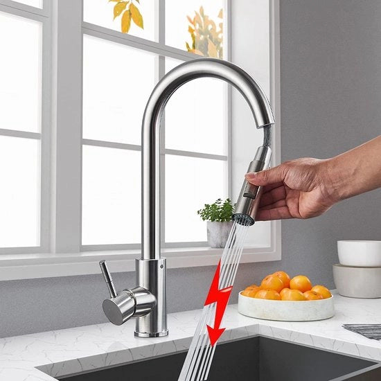 Lavandino a bassa pressione, lavandino in acciaio inossidabile, miscelatore con doccia, apri-bastoncino, alta pressione, 360° ruotabile, lavandino, due tipi di getto, getti d'acqua, miscelatore...
