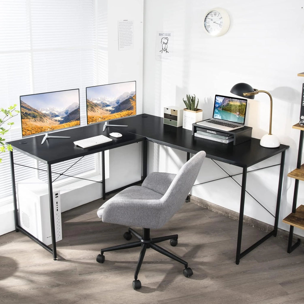 Scrivania Angolare per Computer con Supporto per Monitor, Scrivania Porta PC in Legno, Scrivania Salvaspazio e Moderna per Ufficio e Studio, 240 x 60 x 74 cm (Nero)
