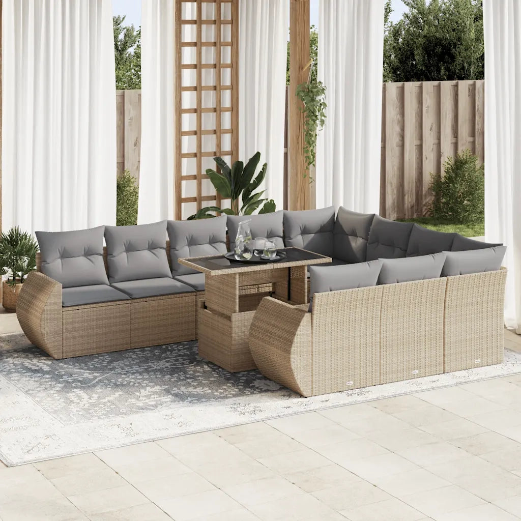Set Divani da Giardino 11 pz con Cuscini Beige in Polyrattan