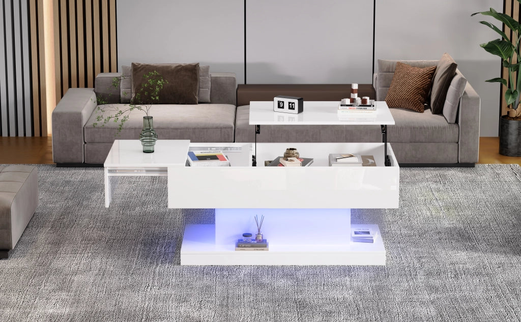 Tavolino da salotto sollevabile bianco lucido con luci led e contenitore 100x50 cm