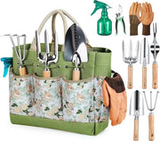 Set di attrezzi da giardinaggio professionale 9 pezzi – Manico di ghisa con tasca di stoccaggio – Completo di attrezzi da giardinaggio