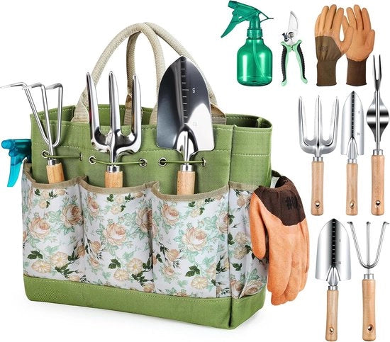 Set di attrezzi da giardinaggio professionale 9 pezzi – Manico di ghisa con tasca di stoccaggio – Completo di attrezzi da giardinaggio