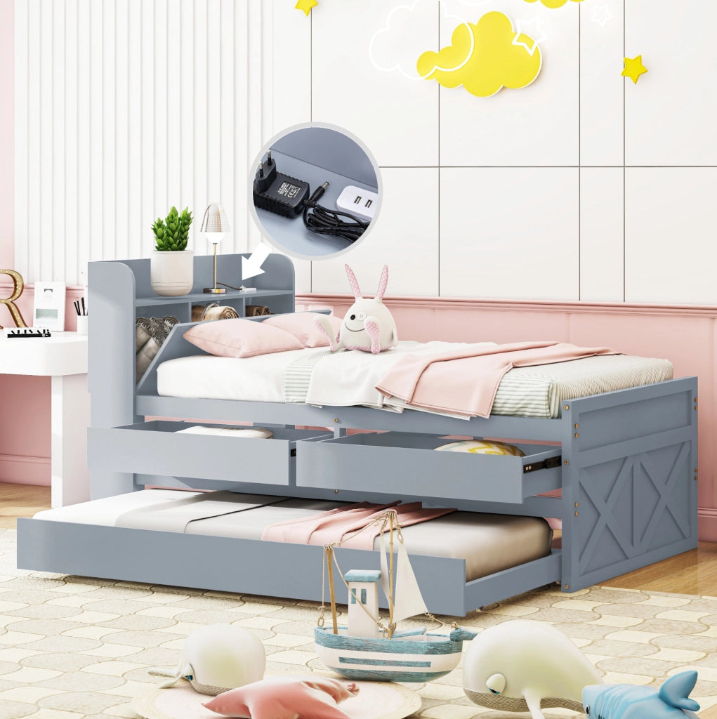 Letto singolo in legno massello 90x190 cm con cassetti e USB