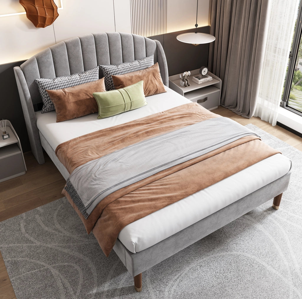 Letto imbottito 140x200 cm con rete a doghe e testiera; in velluto grigio