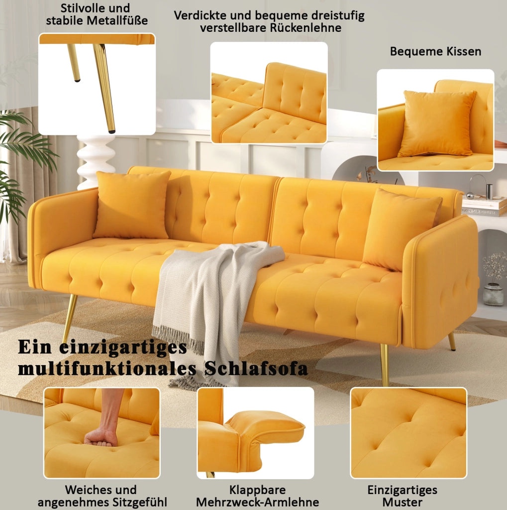 Divano letto a 2 posti convertibile con schienale e braccioli regolabili; 215x81;5 cm; velluto giallo