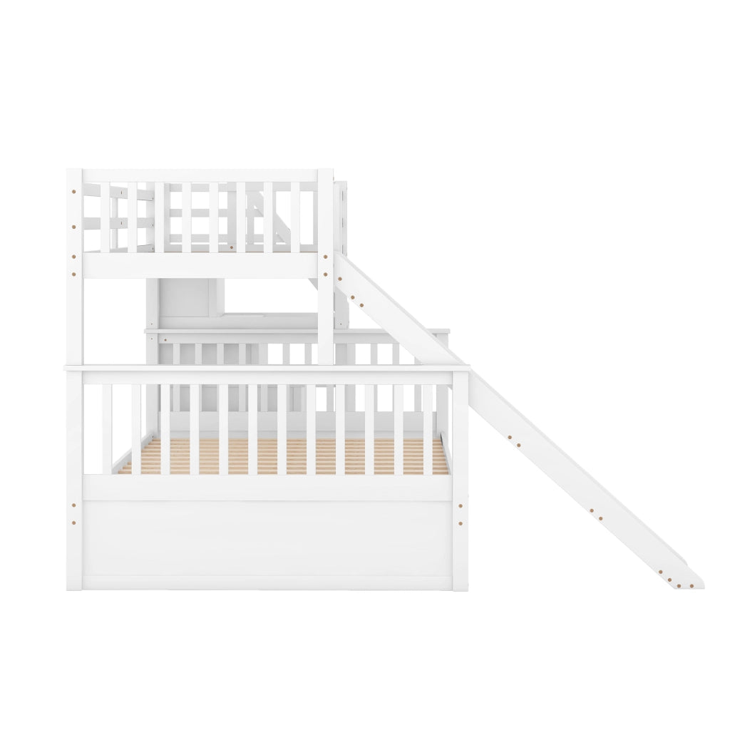 OKWISH Letto a Castello 90×200 cm e 140×200 cm, Letto 3 Posti con 2 Cassetti, Contenitore e Scivolo, senza Materasso, in Pino, Bianco