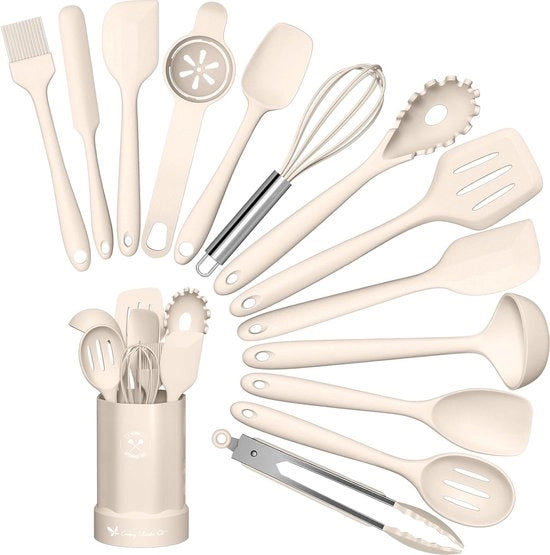 Set di accessori da cucina, 14 pezzi di utensili da cucina in silicone, utensili da cucina, utensili da cucina resistenti al calore, contenitore per accessori da cucina, rivestimento antiscivolo, accessori da cucina, resistenti al lavastoviglie, kaki