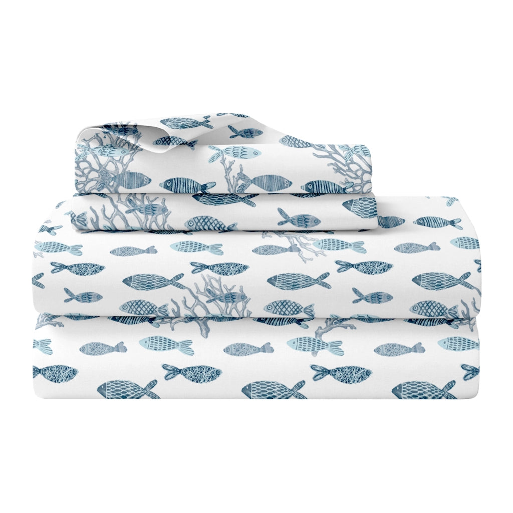 Completo Letto Lenzuola Matrimoniale,100% Cotone, Set letto, Lenzuolo Sopra, Sotto e Federe 2 Piazze Pesci Blu