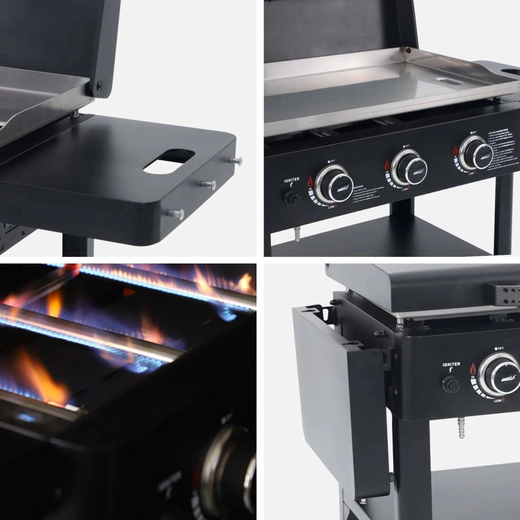 Plancha a gas 3 bruciatori acciaio inossidabile 12kw con carrello e