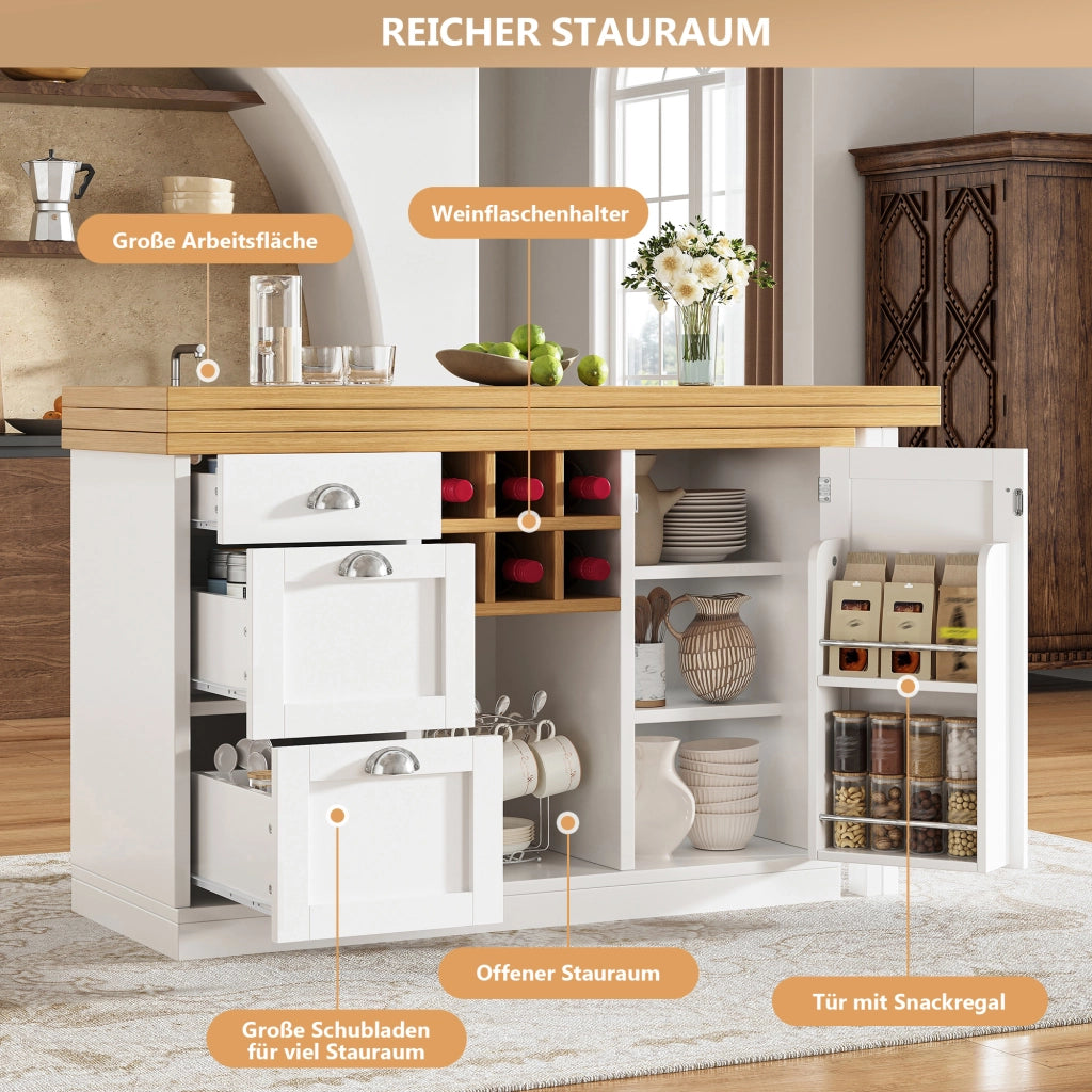 Tavolo da pranzo estensibile con cassetto e vano portabottiglie, per cucina e soggiorno, bianco, 120 × 40 × 74 cm