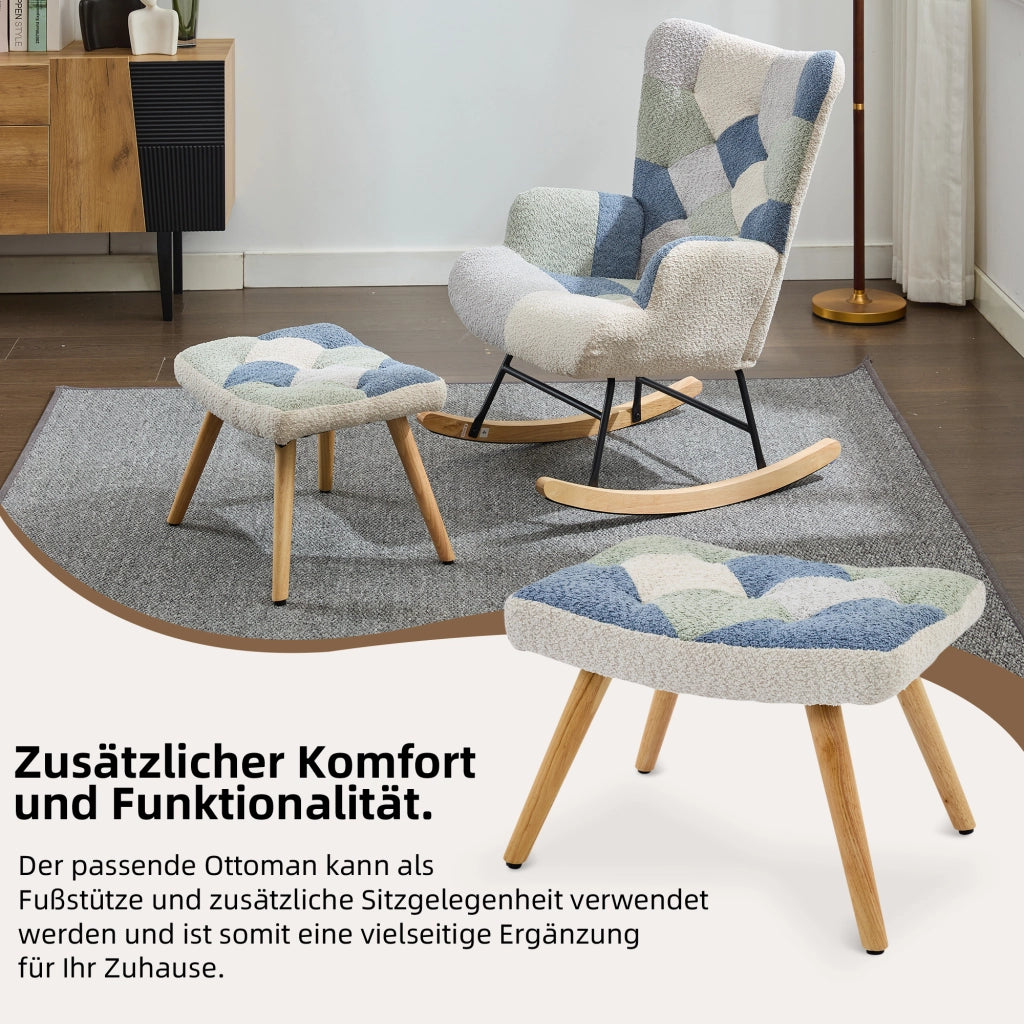 Poltrona a dondolo con pouf e schienale rimovibile in tessuto con struttura in ferro beige e blu 122 × 68 × 91 cm