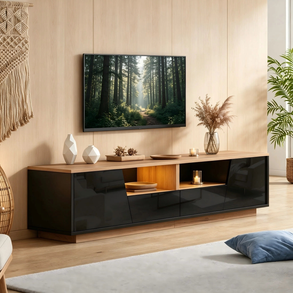 Mobile TV con 2 ante; 2 cassetti e LED - per soggiorno - 180x40x46 cm - in truciolare - nero e legno