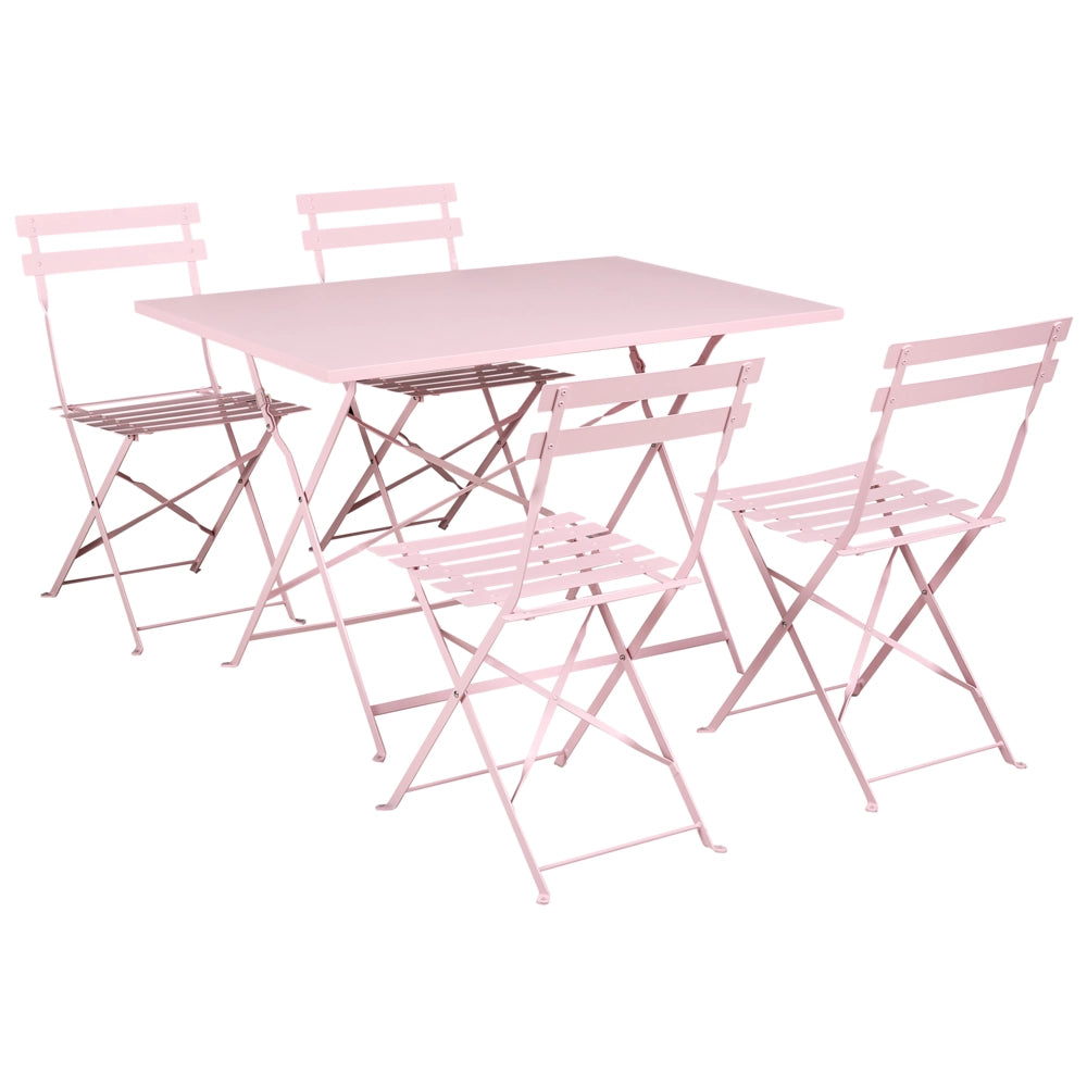 Set da pranzo da giardino rosa pastello con tavolo e sedie in acciaio salvaspazio con elementi pieghevoli