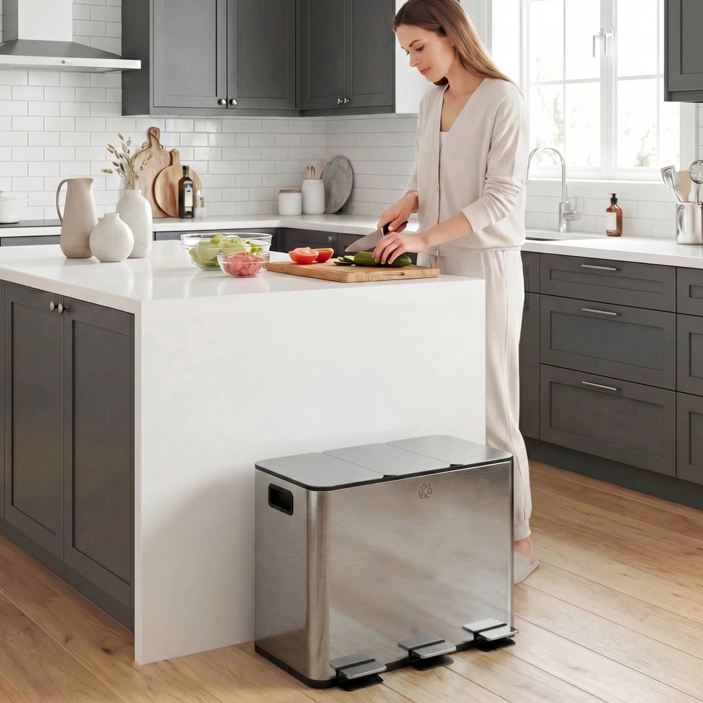 Pattumiera da cucina 3 scomparti ¨C Xylo ¨C 60L raccolta differenziata argento 61,9x36,6x56,7cm