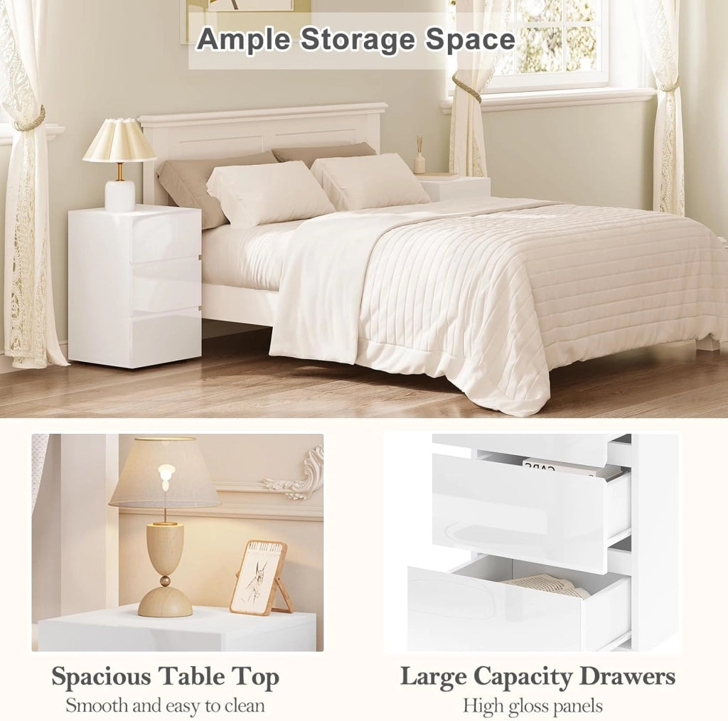 Comodino per Camera da Letto, Mobiletto Bianco con 3 Cassetti, Cassettiera Piccola Salvaspazio in Legno, con Guide Metalliche, Design Moderno, 40x35x62cm