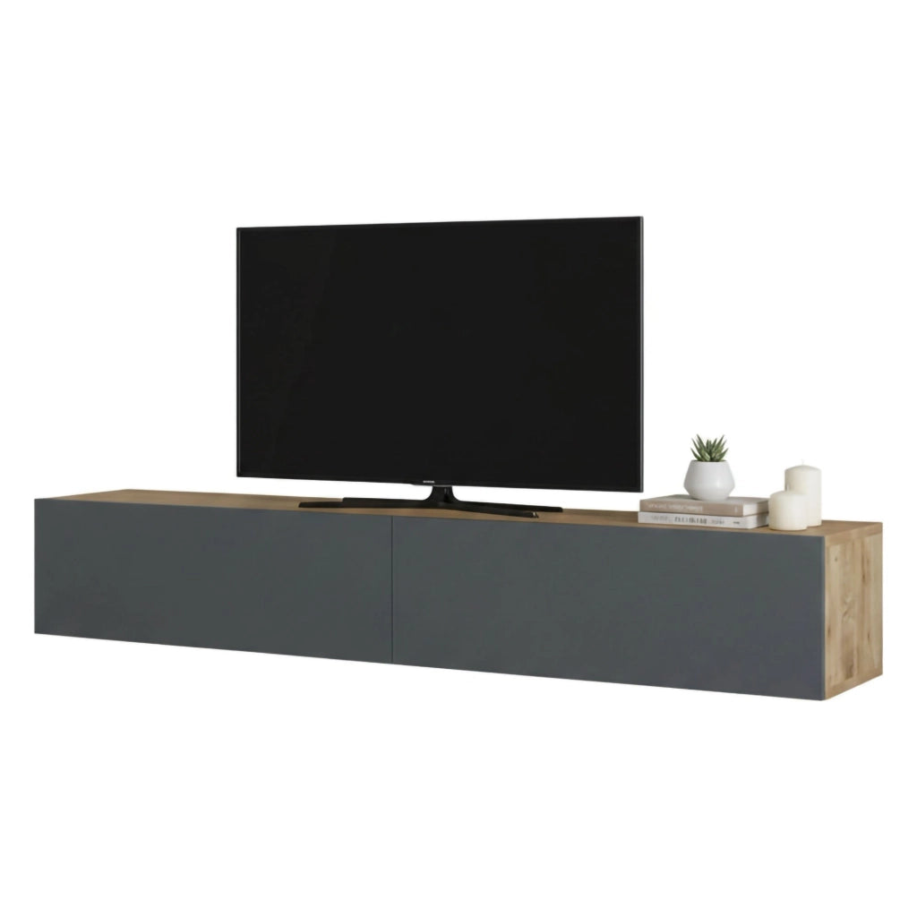 Mobile porta TV Pavone, Credenza da soggiorno, Armadio basso per TV, Base parete attrezzata, 180x32h30 cm, Quercia e Antracite